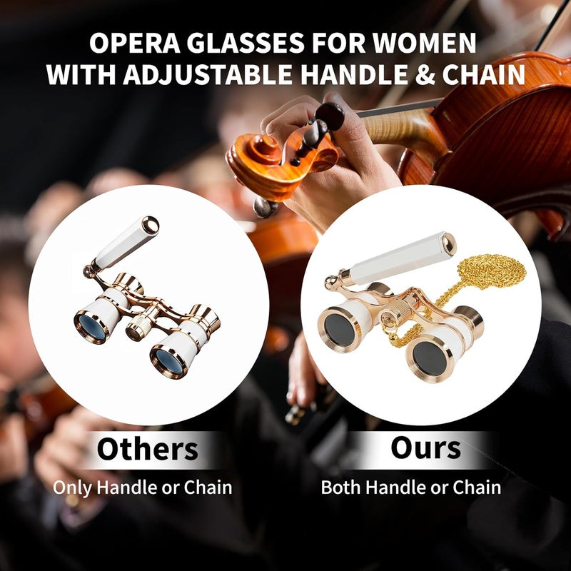 BOSTRON 3X25 Opera Glasses for Women, Theater Binoculars with Adjustable Handle & Chain,Portable Vintage Theater Glasses Compact Binoculars for Adults Kids for Music Concerts Opera Houses Cinema,White - Image 2